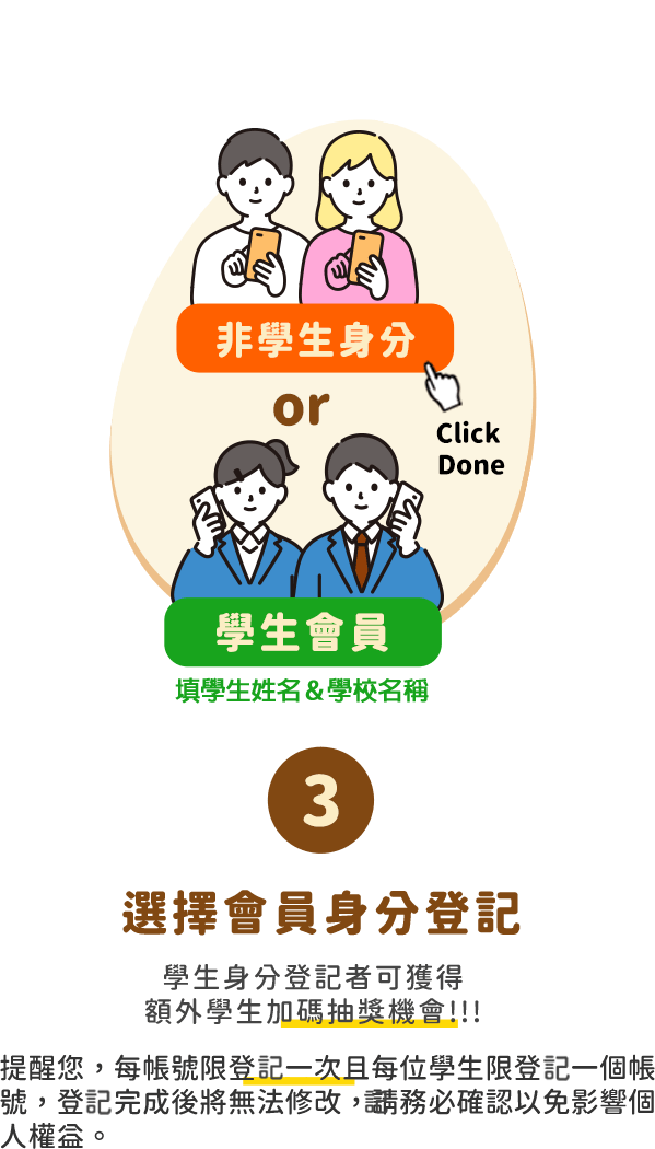 選擇會員身分登記，學生身分登記者可獲得額外學生加碼抽獎機會!!!